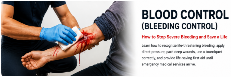 Rescuer wearing protective gloves applying direct pressure with sterile gauze to a severely bleeding forearm, demonstrating life-saving blood control first aid in a medical training banner.