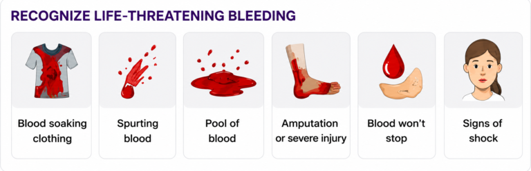 Educational infographic highlighting the signs of life-threatening bleeding, including blood-soaked clothing, spurting blood, pooling blood, amputation or severe injury, uncontrolled bleeding, and signs of shock.