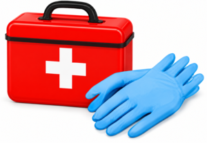 First aid kit and disposable medical gloves, representing essential personal protective equipment (PPE) and emergency supplies for safe blood control and first aid.