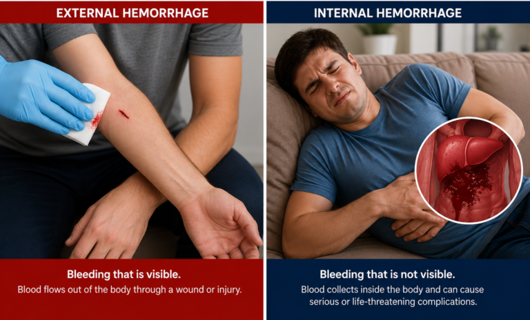 Horizontal infographic comparing external and internal hemorrhage, showing a small bleeding forearm wound with direct pressure and a person experiencing abdominal pain caused by internal bleeding.