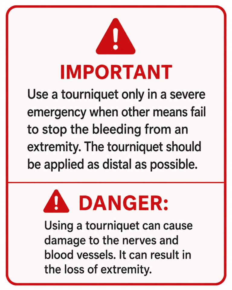 Tourniquet safety warning infographic explaining that a tourniquet should only be used for severe extremity bleeding when other bleeding control methods fail, along with important danger warnings about improper use.