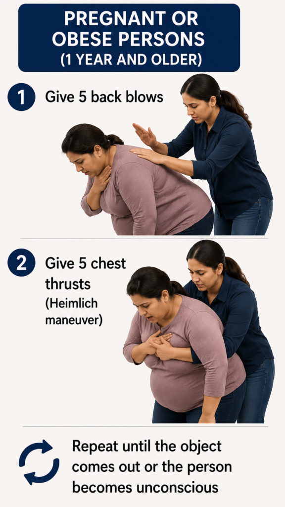 Rescuer performing choking first aid on a pregnant or obese adult using five back blows followed by five chest thrusts, with step-by-step emergency response instructions.