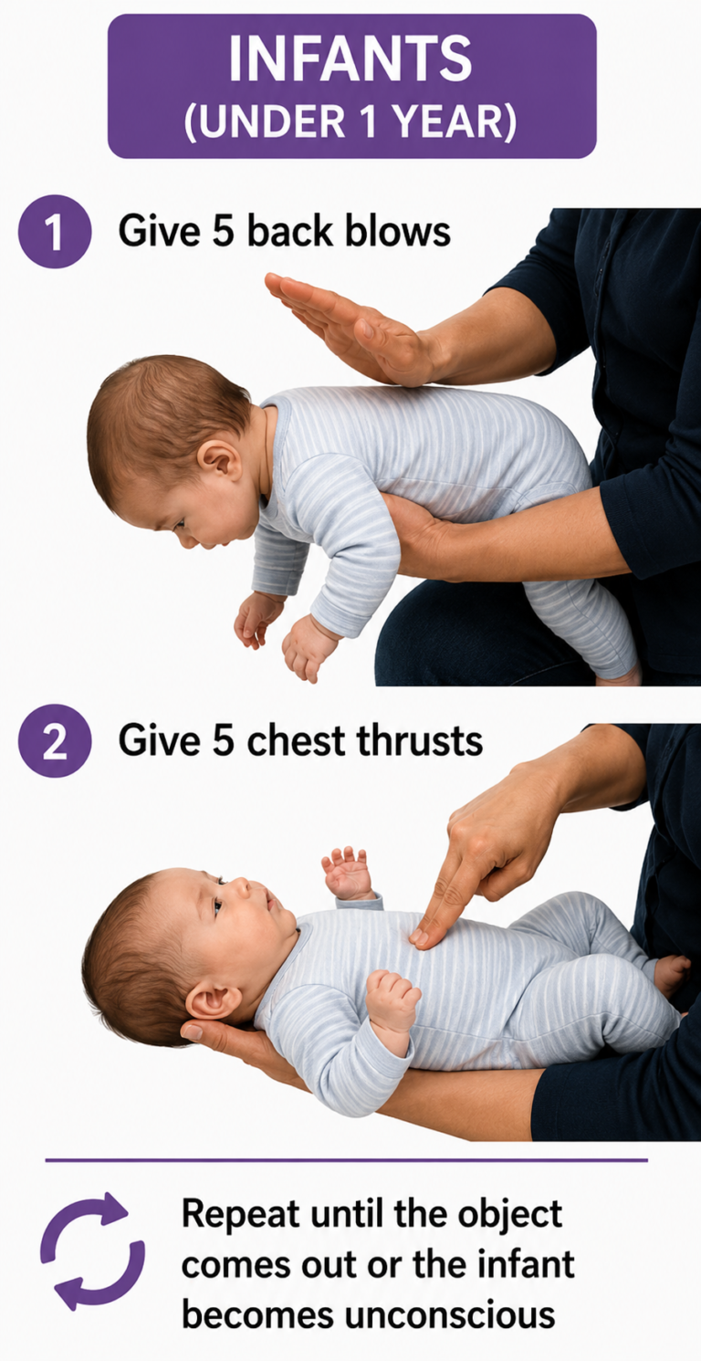 Rescuer performing infant choking first aid by giving 5 back blows and 5 chest thrusts to a baby under 1 year old, shown in a step-by-step emergency response infographic.