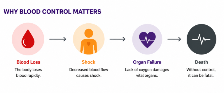 Infographic showing why blood control matters, illustrating the progression from blood loss to shock, organ failure, and death if severe bleeding is not controlled promptly.