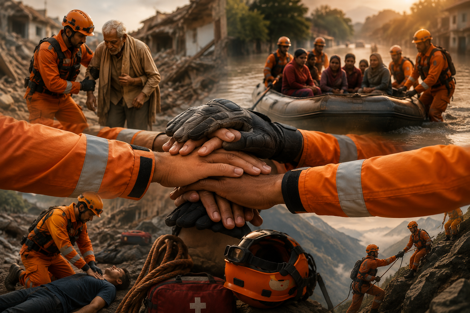Emergency rescuers demonstrating teamwork and commitment while conducting disaster response, flood rescue, rope rescue, and medical first aid operations.