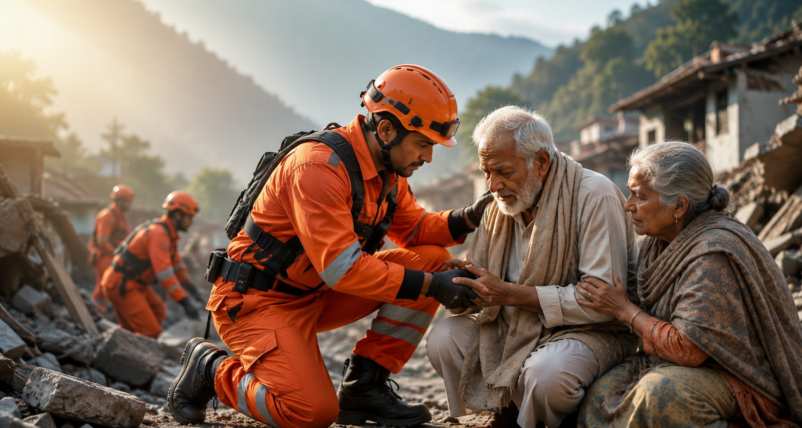 Rescuer in orange protective gear assisting an elderly couple during disaster relief operations in a damaged village.