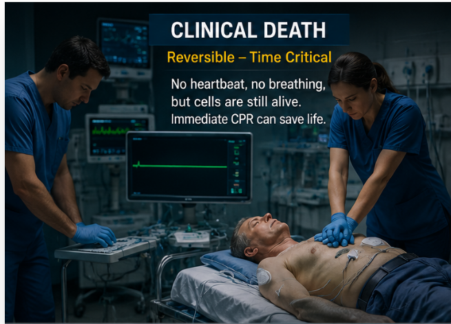 Medical team performing CPR on a patient experiencing clinical death, showing cardiac arrest as a reversible emergency requiring immediate cardiopulmonary resuscitation.