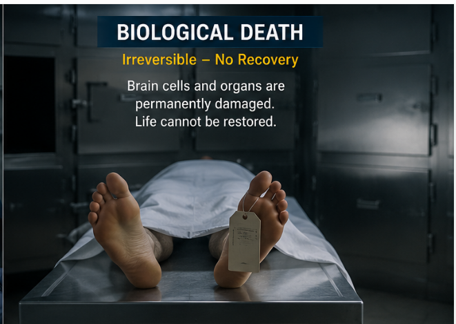 Illustration of biological death showing irreversible brain and organ damage after prolonged absence of circulation, where CPR is no longer effective.