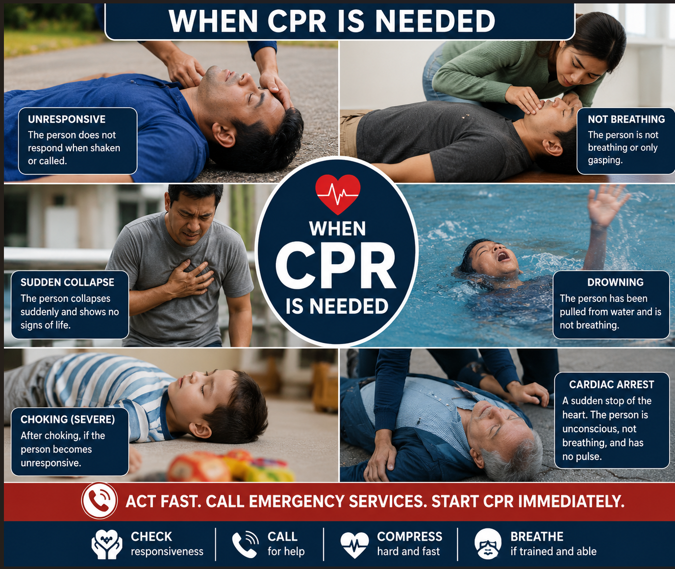 Collage illustrating common emergency situations where CPR may be required, including an unresponsive person, absent or abnormal breathing, sudden cardiac arrest, drowning, severe choking, and collapse, along with emergency response guidance.