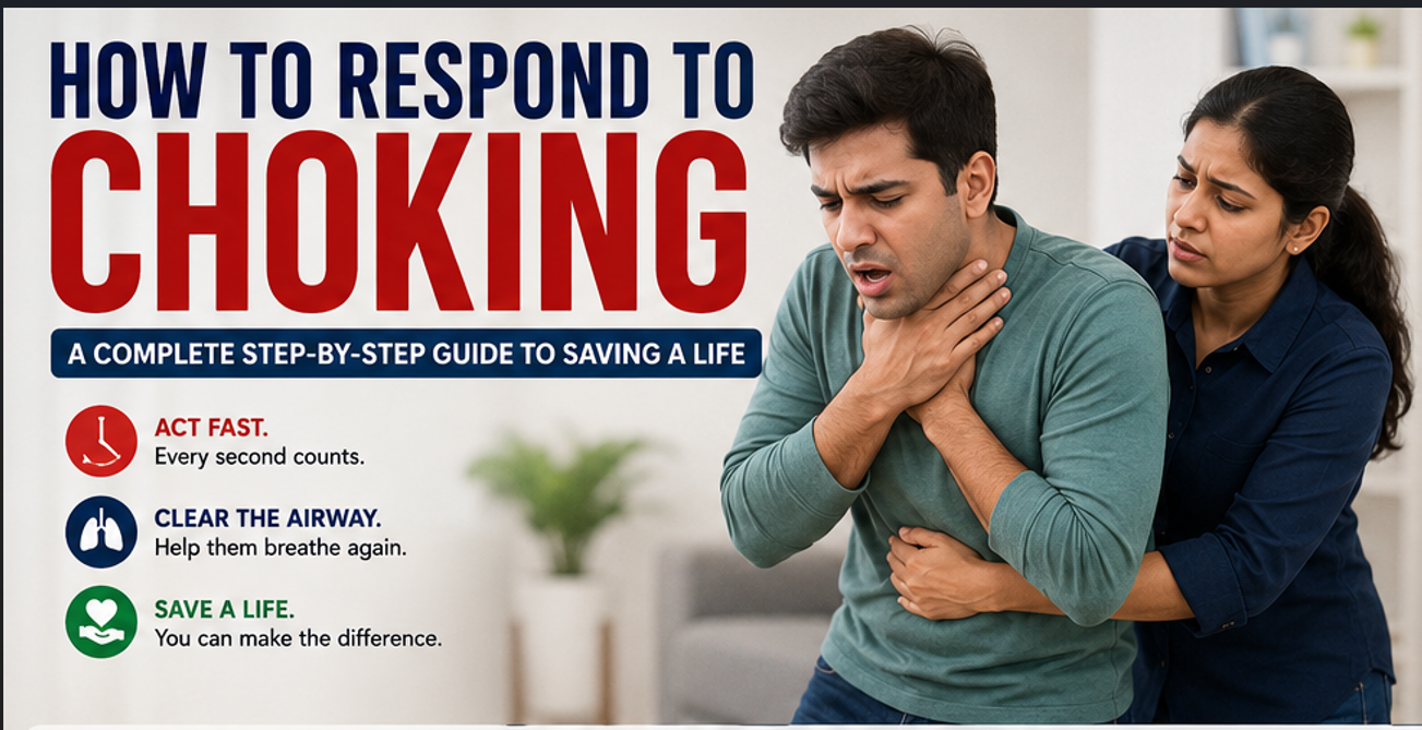 Infographic showing step-by-step choking first aid response for adults, children, and infants, including recognition of choking signs, back blows, abdominal thrusts (Heimlich maneuver), CPR after choking, common choking hazards, and prevention tips.