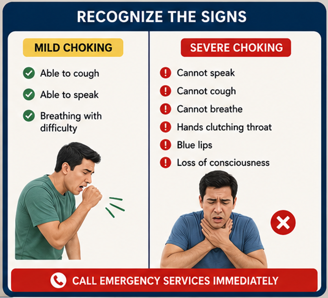 Infographic comparing the signs of mild and severe choking. Mild choking includes the ability to cough, speak, and breathe with difficulty, while severe choking includes inability to speak, cough, or breathe, hands clutching the throat, blue lips, loss of consciousness, and the need to call emergency services immediately.