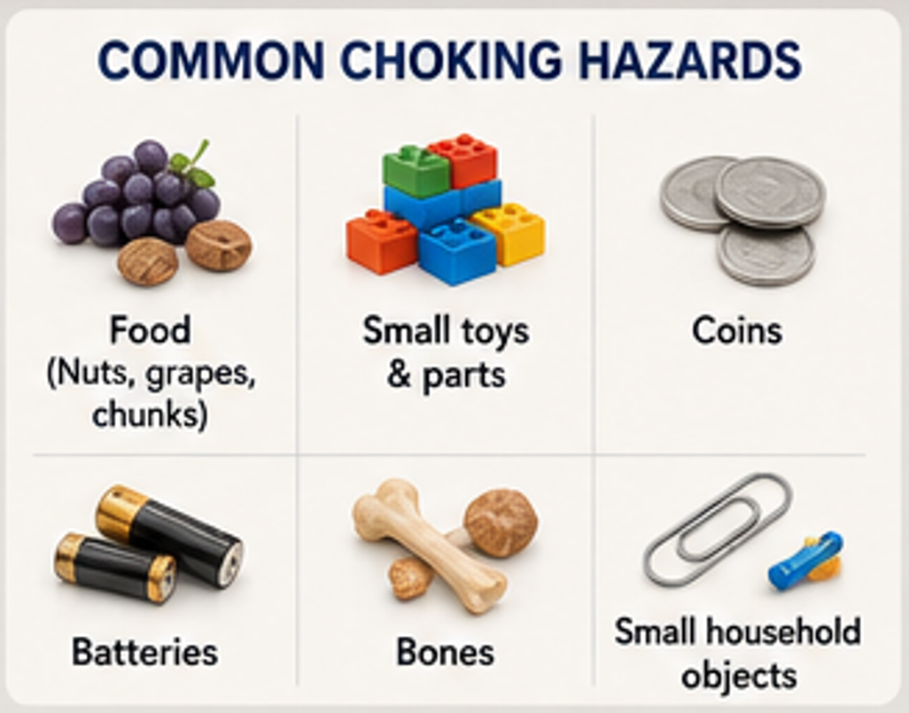 Educational infographic showing common choking hazards, including food such as grapes, nuts, and large food chunks, small toys and toy parts, coins, batteries, bones, and small household objects that can block the airway.