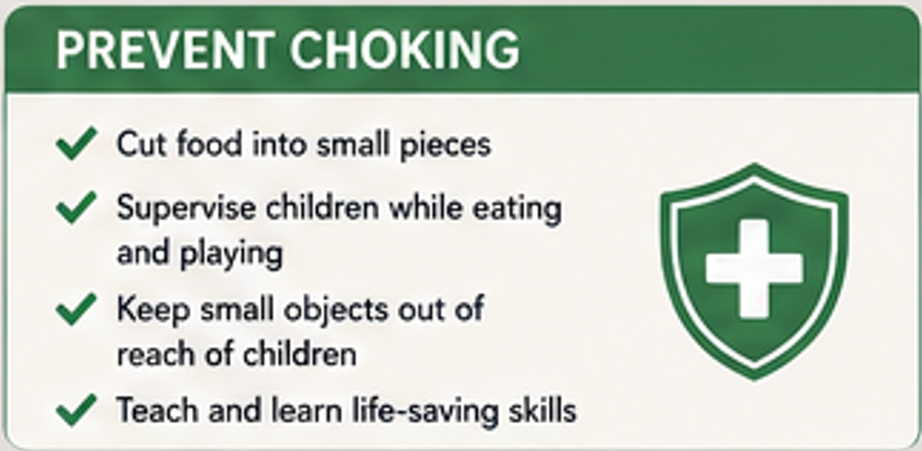 Educational infographic showing choking prevention tips, including cutting food into small pieces, supervising children while eating and playing, keeping small objects out of children's reach, and teaching life-saving skills to prevent choking emergencies.