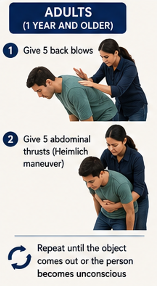 Step-by-step infographic demonstrating first aid for a choking adult. The rescuer delivers five back blows followed by five abdominal thrusts (Heimlich maneuver), repeating the cycle until the airway is cleared or the person becomes unconscious.