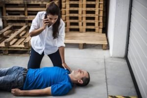 Rescuer calling 108 emergency medical services while assessing an unconscious person before starting CPR.