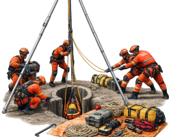 NDRF rescue team conducting a borewell rescue operation using a tripod, rope rescue system, winch, and specialized equipment to safely extract a trapped child from a deep borewell.